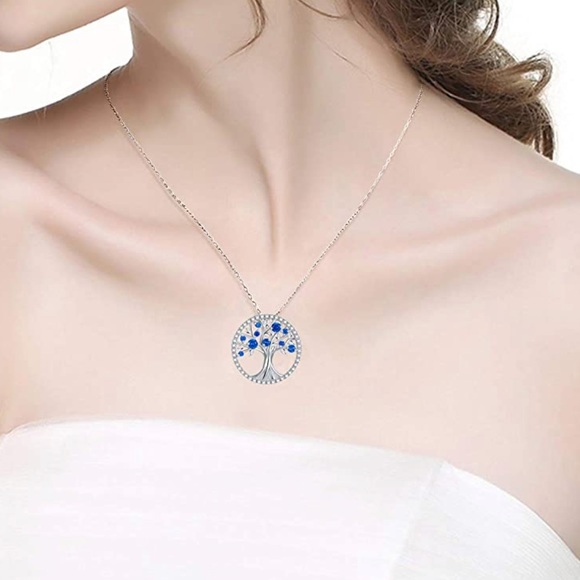 September Birthstone Tree Of Life Blue Sapphire Sterling Silver Necklace - Picture 3 of 7